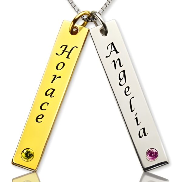 Personalized dual name bar necklace with birthstones