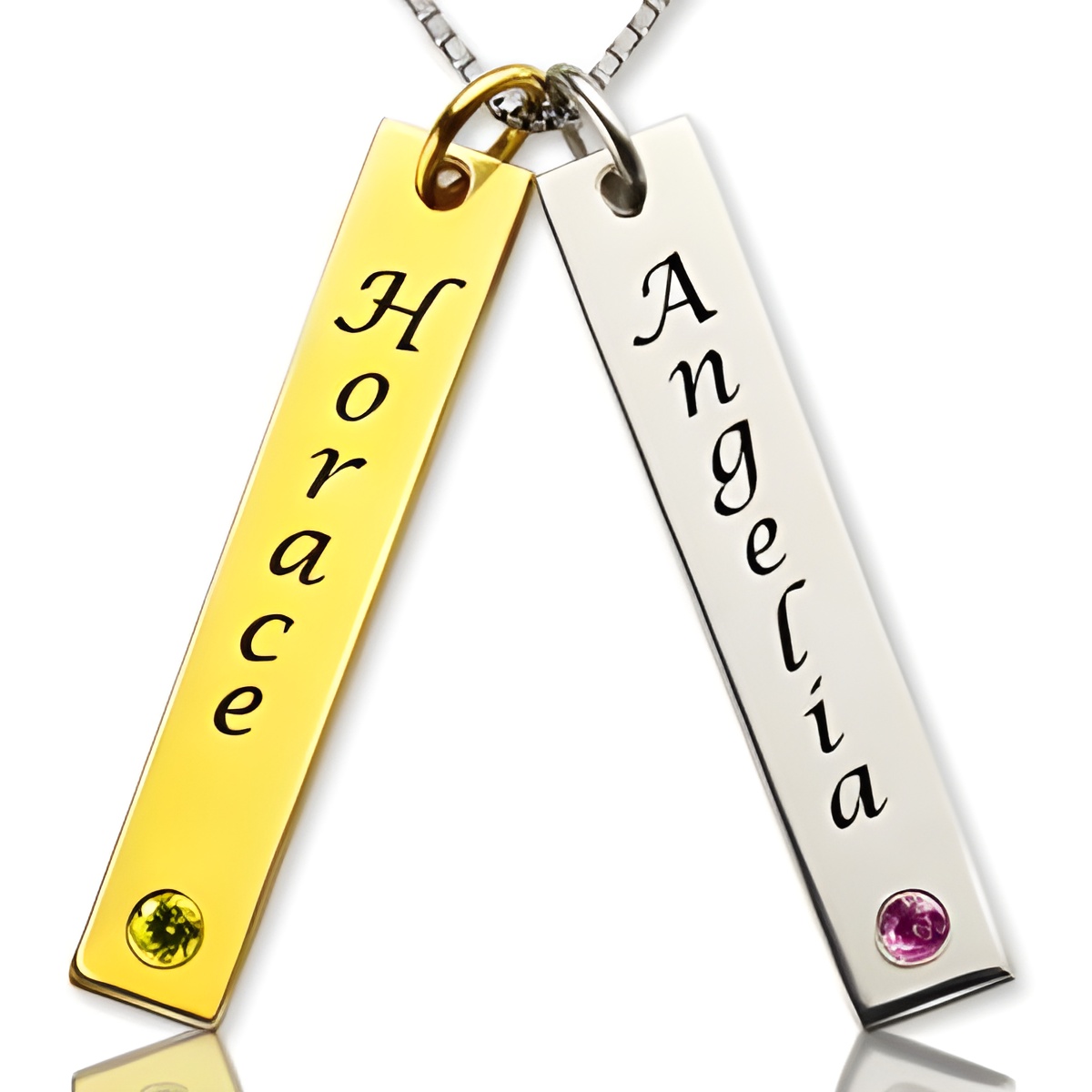 Personalized dual name bar necklace with birthstones