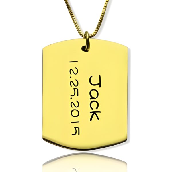 Engraved gold-plated dog tag necklace carrying your story