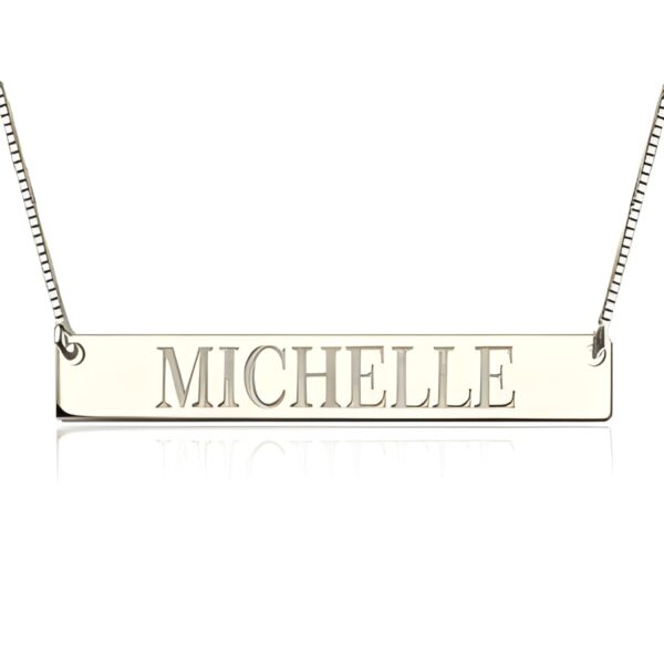 Engraved sterling silver name bar necklace close-up