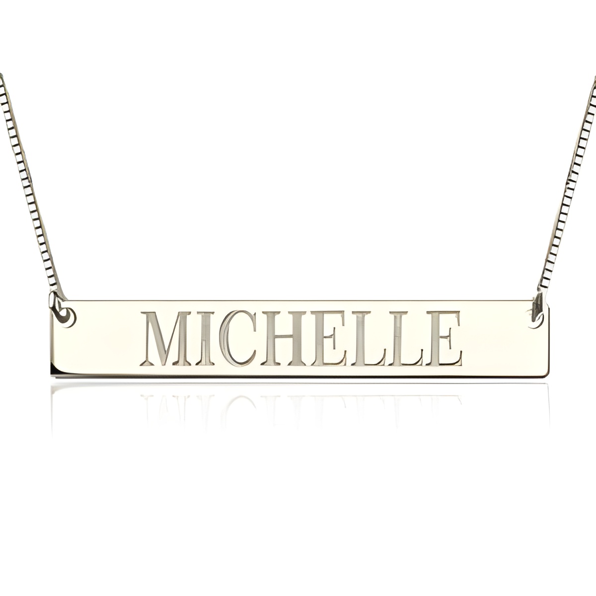 Engraved sterling silver name bar necklace close-up