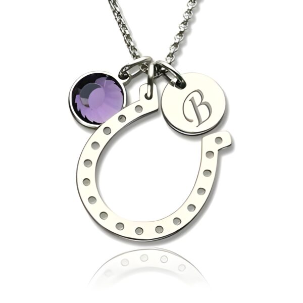 Personalized horseshoe necklace with birthstone charm