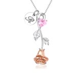 Rose birthstone necklace with initial tag for love