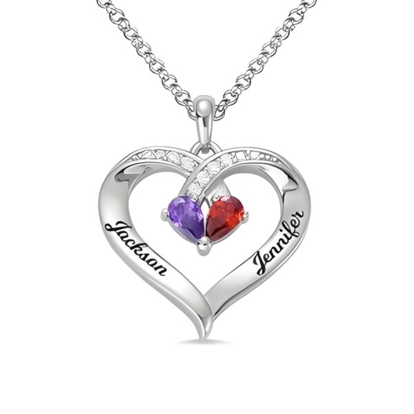 Engraved birthstone necklace for couples, intertwined hearts