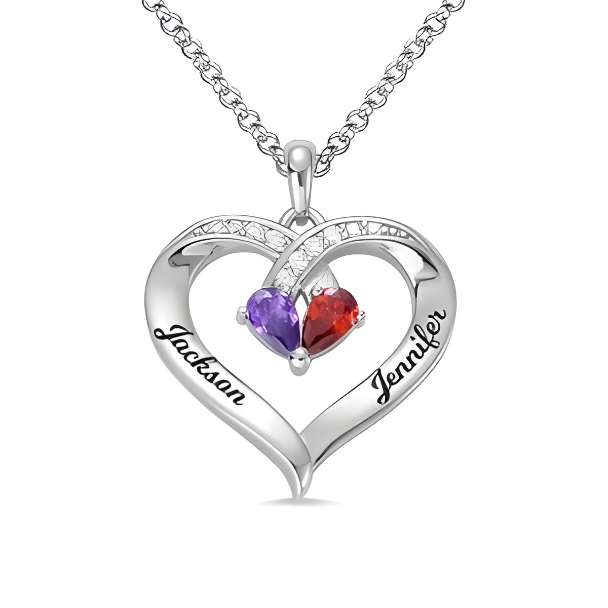 Engraved birthstone necklace for couples, intertwined hearts
