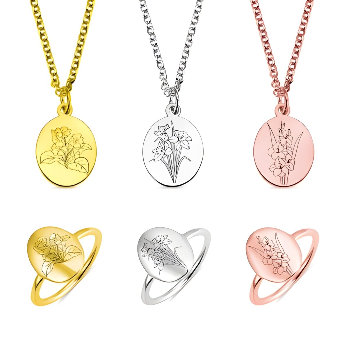 Engraved birth flower necklace and ring set