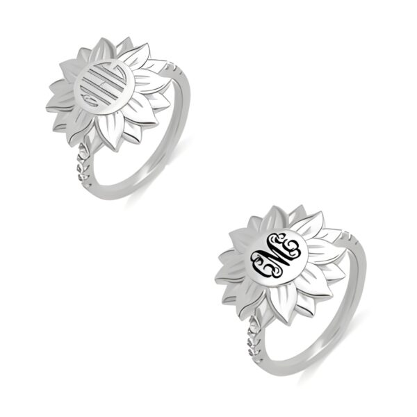 Engraved sunflower ring for her in sterling silver