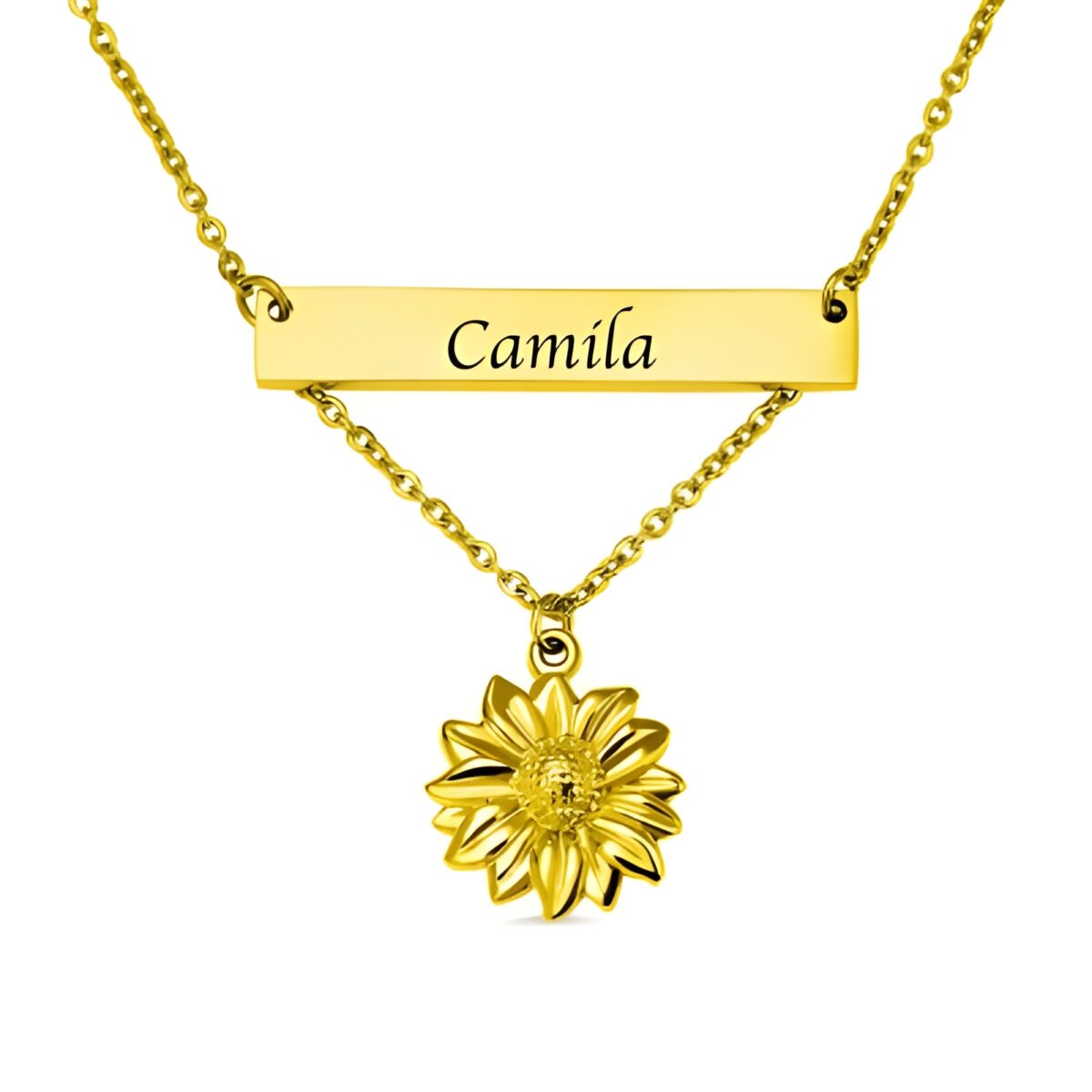 Custom sunflower bar necklace symbolizing warmth and love