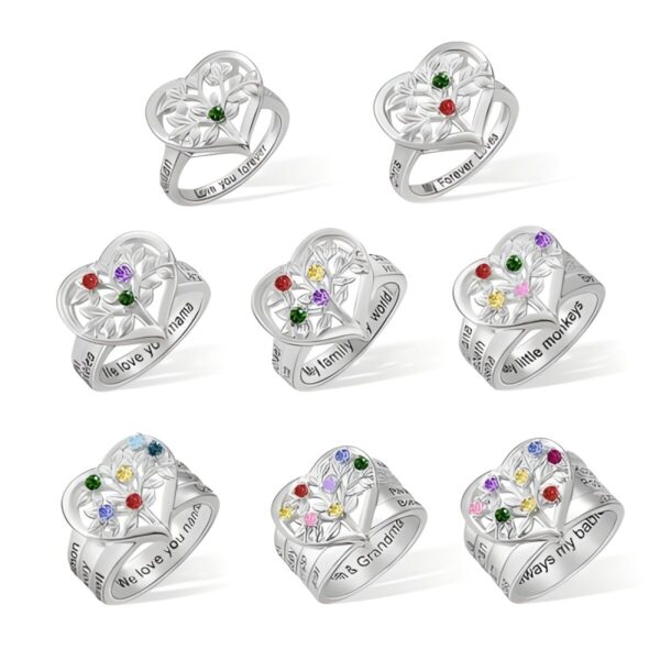 Heart-shaped family tree ring with personalized birthstones