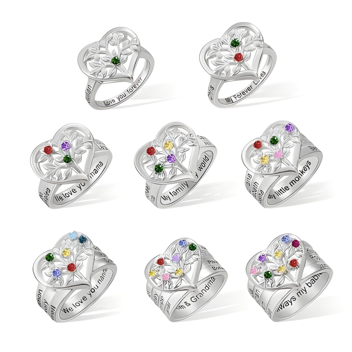 Heart-shaped family tree ring with personalized birthstones