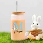 Sip in Style with a Personalized Easter Bunny Glass Cup – Frosted Tumbler with Bamboo Lid & Straw for Kids & Family - Image 5