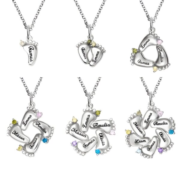 Silver baby feet birthstone necklace for mothers