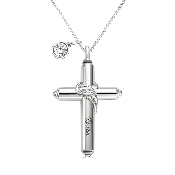 Engraved silver cross keepsake urn necklace for remembrance