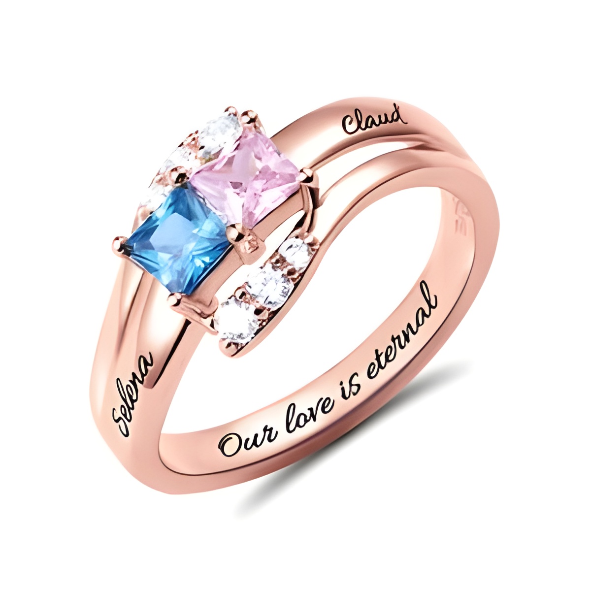 Two birthstones engraved ring for eternal love
