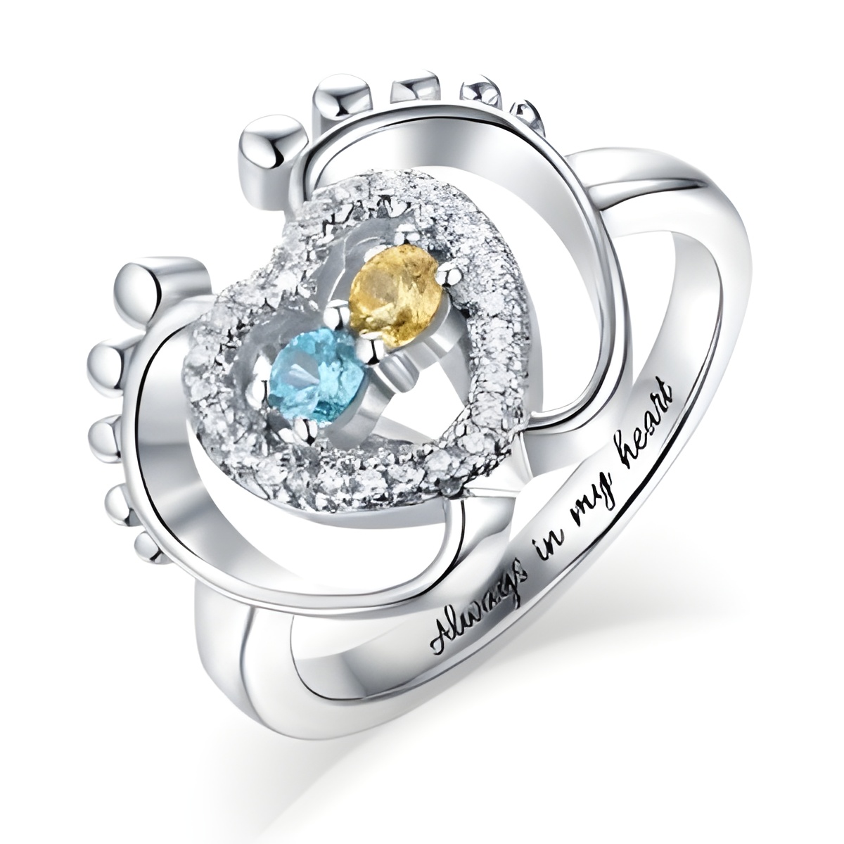 Heart and Footsteps Birthstone Ring for moms