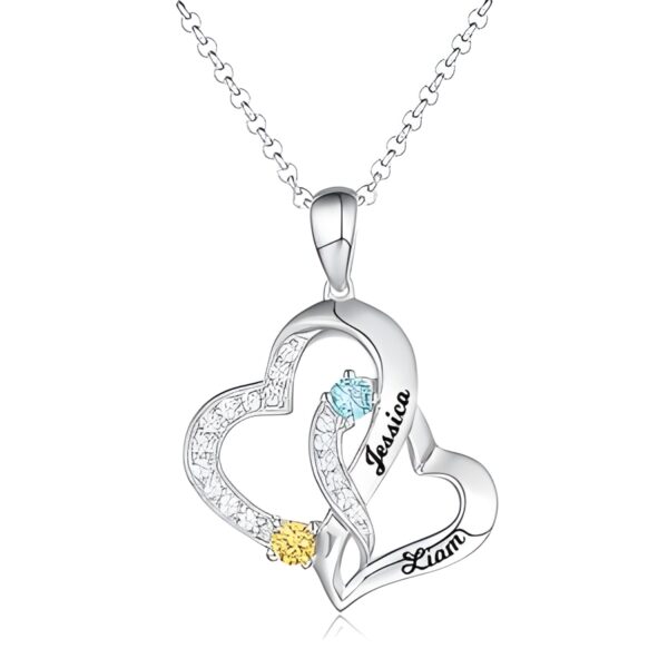 Personalized double heart necklace with names and birthstones