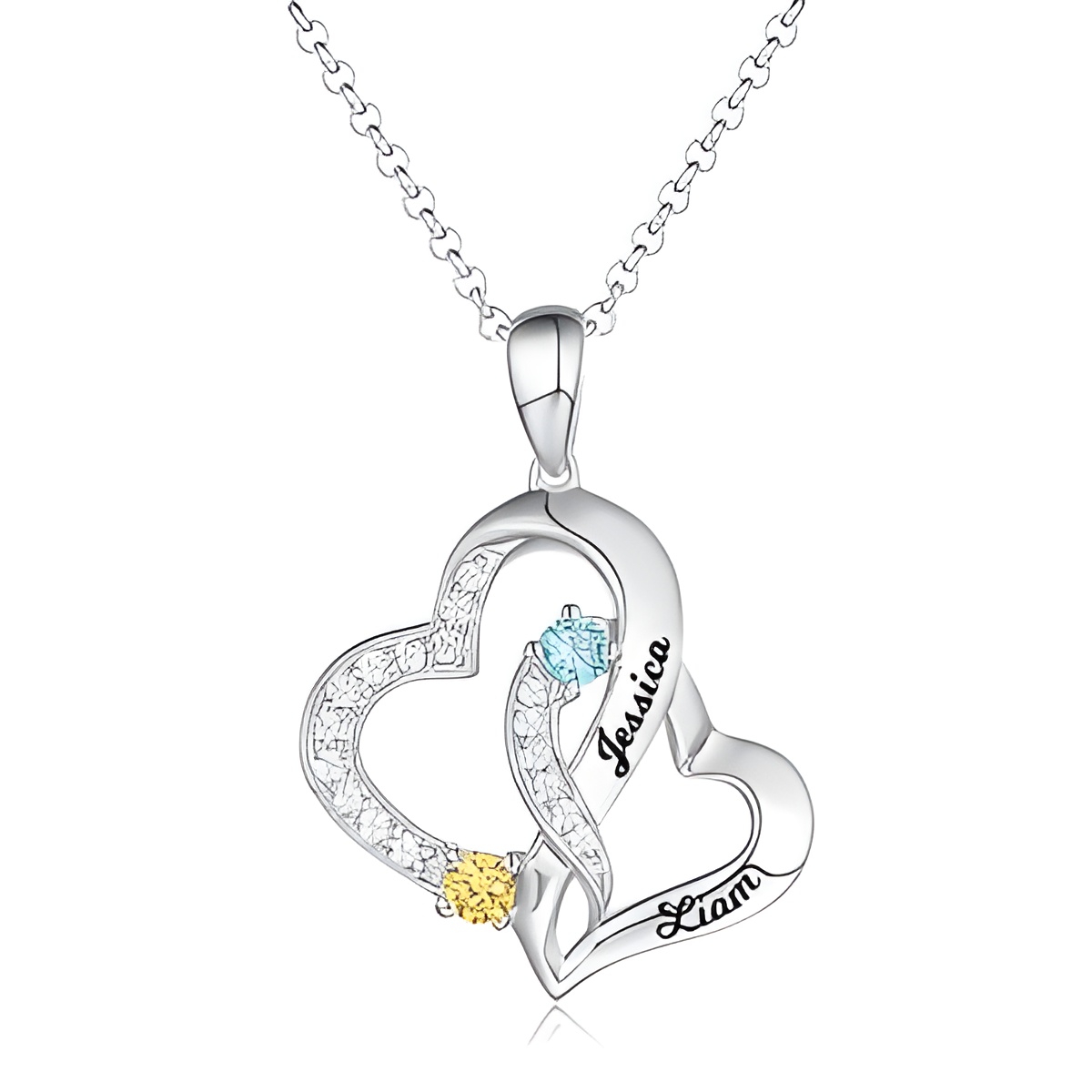 Personalized double heart necklace with names and birthstones