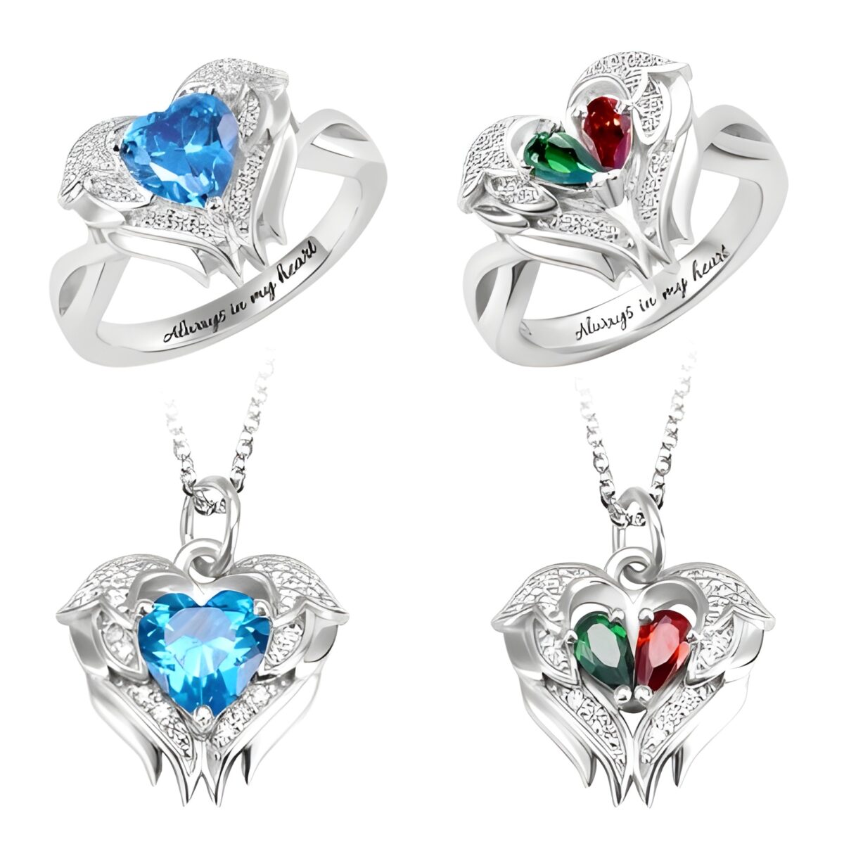 Angel Wings Birthstone Ring Necklace Set for protection