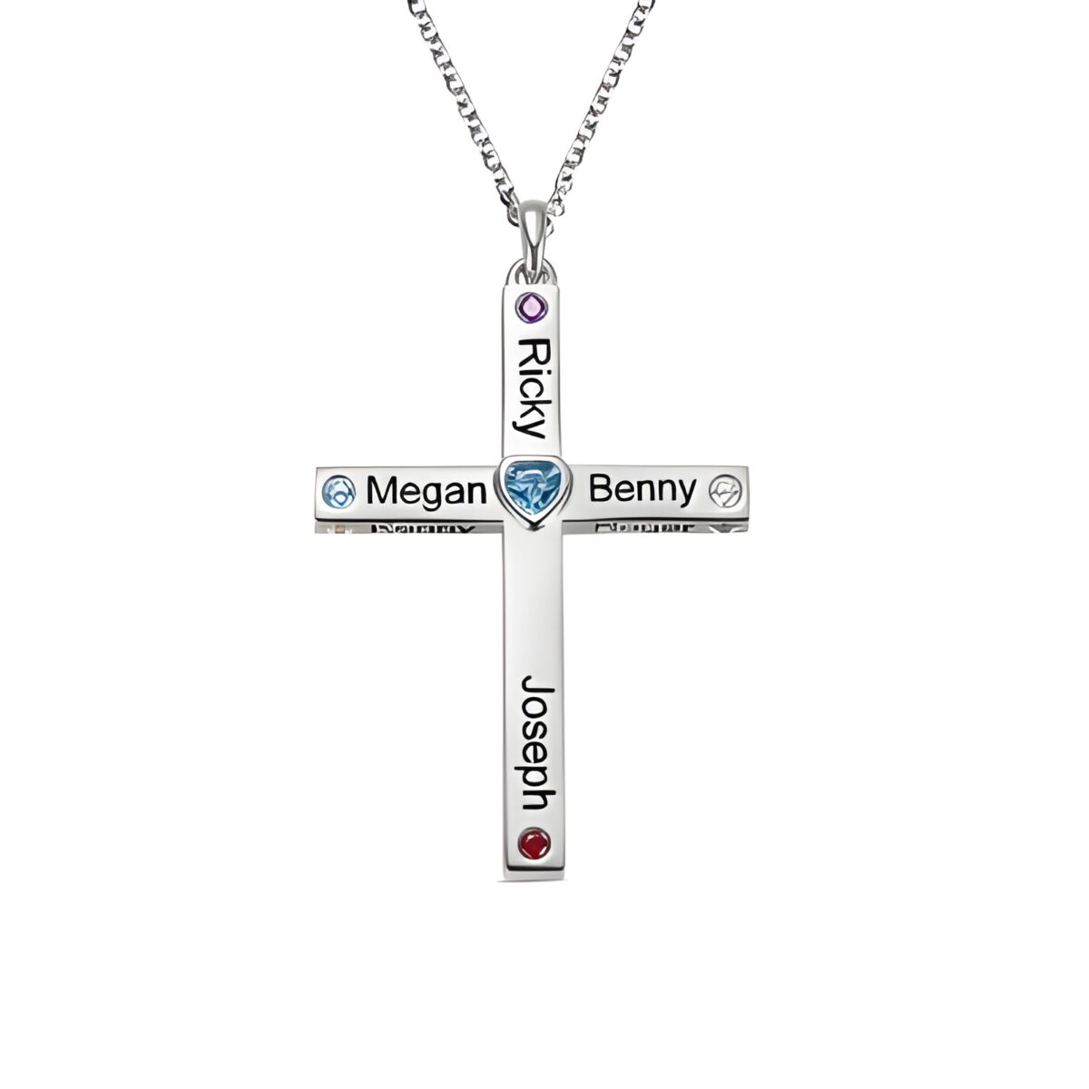 Heart birthstone cross necklace symbolizing faith and family