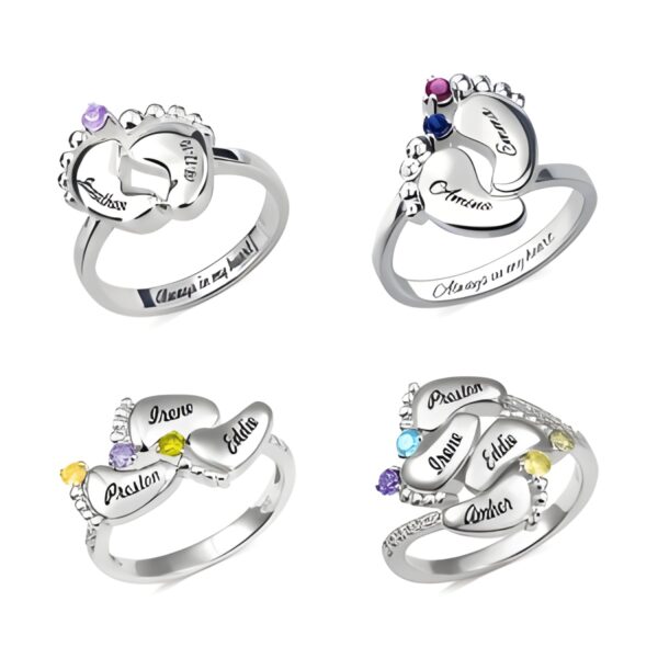 Engraved baby feet birthstone ring for cherished mothers