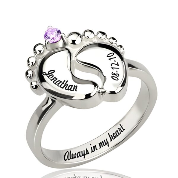 Engraved baby feet birthstone ring for new parents
