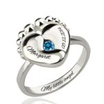 Engraved baby feet birthstone ring for new moms