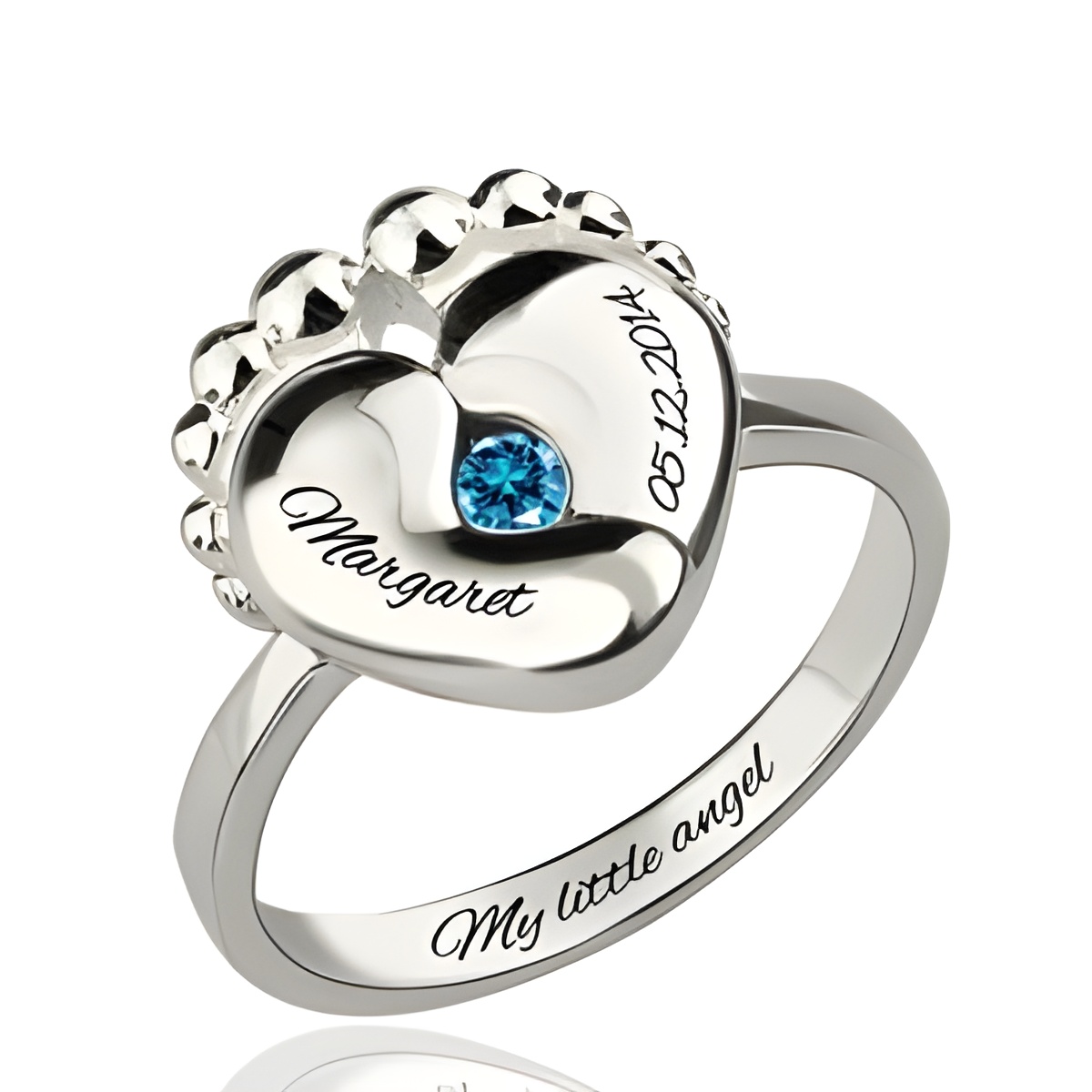 Engraved baby feet birthstone ring for new moms