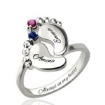 Engraved baby feet birthstone ring for moms