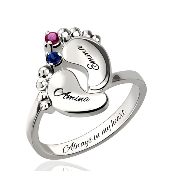Engraved baby feet birthstone ring for moms