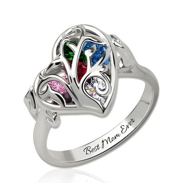 Heart cage birthstone ring for family keepsake