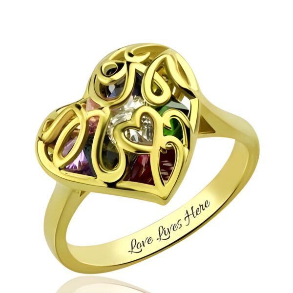 Personalized heart cage birthstone ring for her love