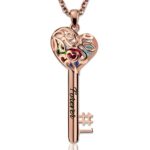 Rose gold heart cage key necklace with birthstones