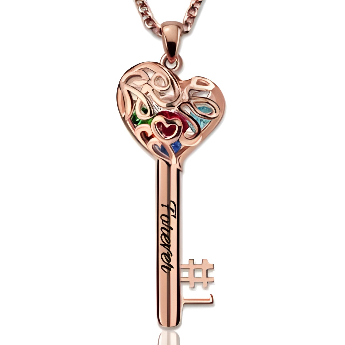 Rose gold heart cage key necklace with birthstones