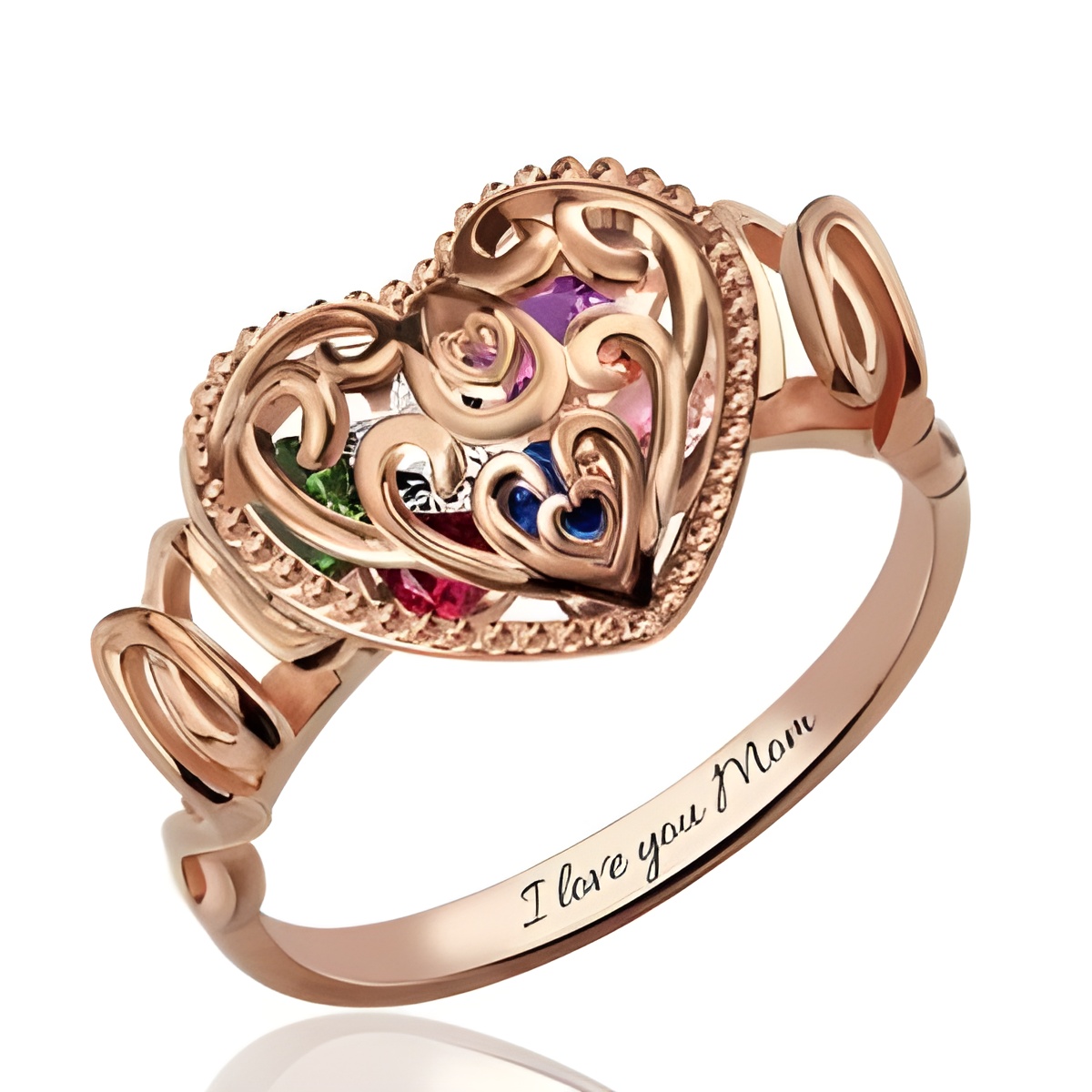 Rose gold birthstone heart cage ring for Mom