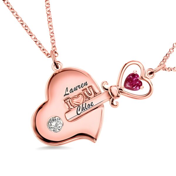 Birthstone heart and key necklace for mother and daughter