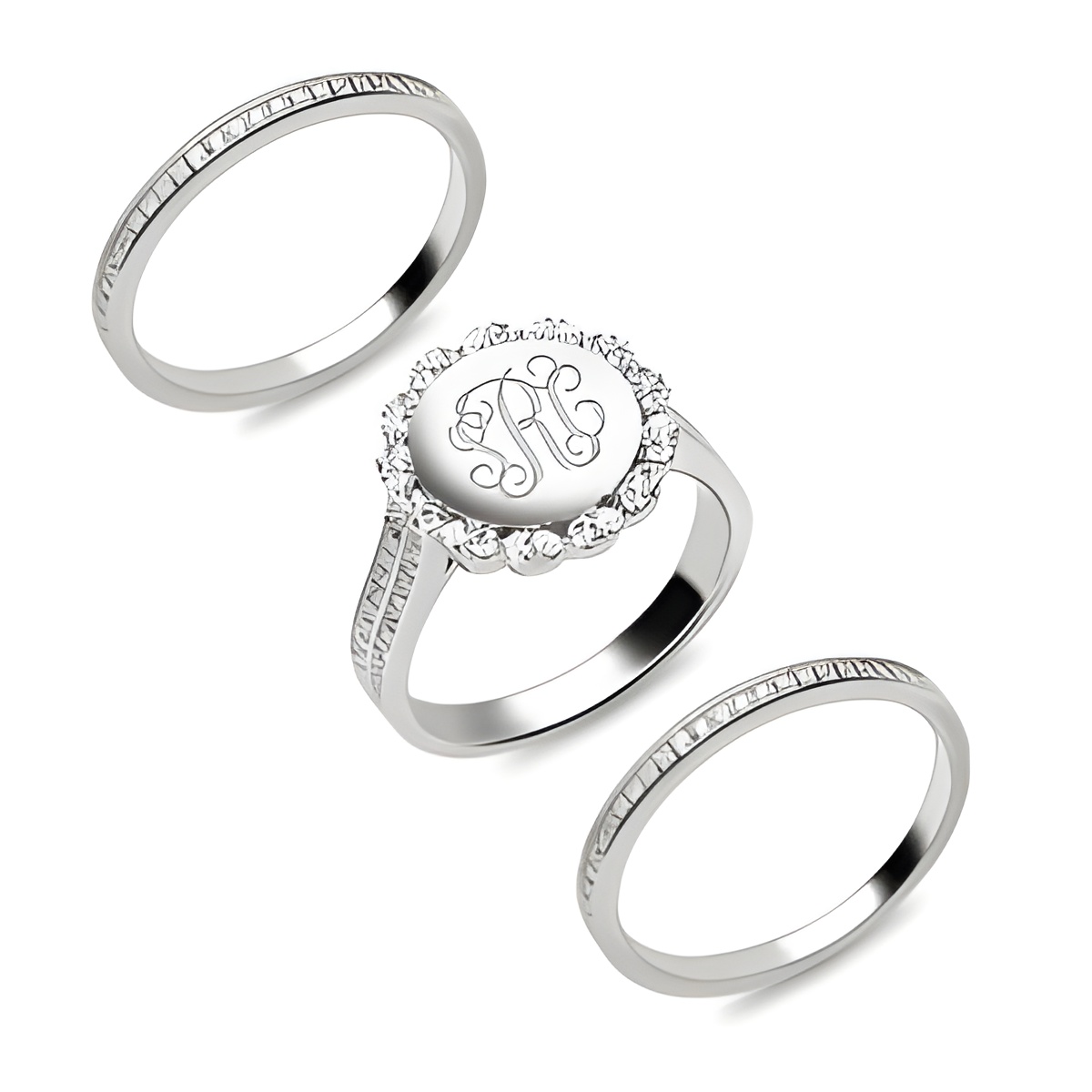 Stackable silver monogram ring with sparkling cubic zirconia