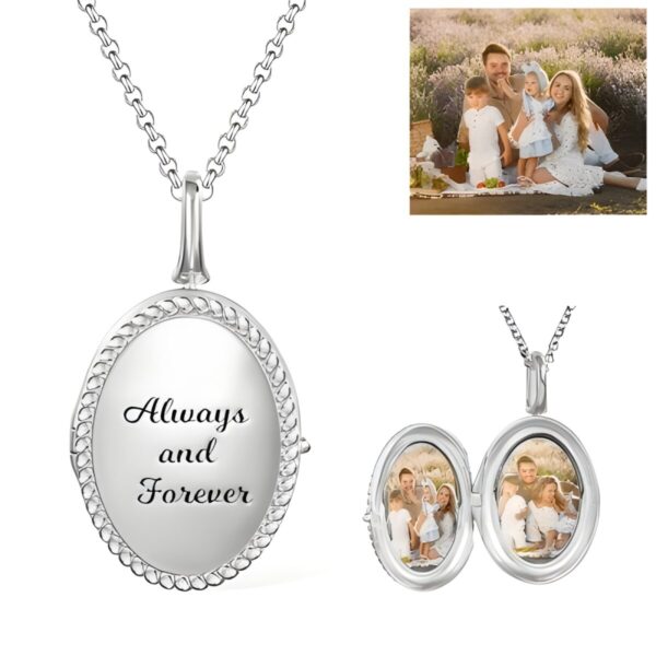 Engraved oval photo locket necklace for cherished memories