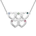 Engraved five hearts birthstone necklace for family love