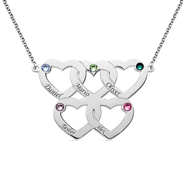Engraved five hearts birthstone necklace for family love