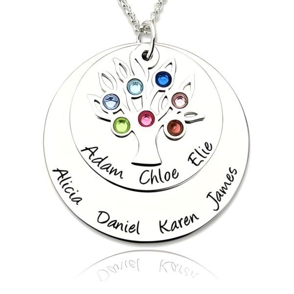 Silver Family Tree Necklace with Birthstones for moms