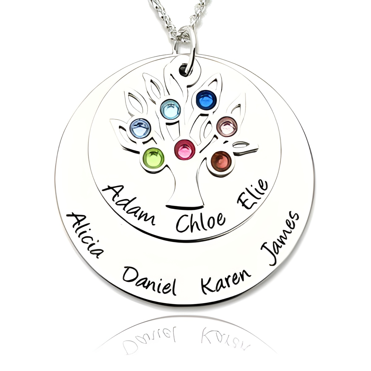 Silver Family Tree Necklace with Birthstones for moms