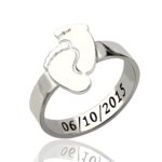 Engraved baby feet sterling silver ring for mothers