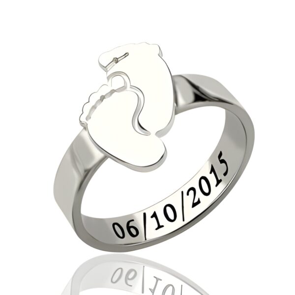 Engraved baby feet sterling silver ring for mothers