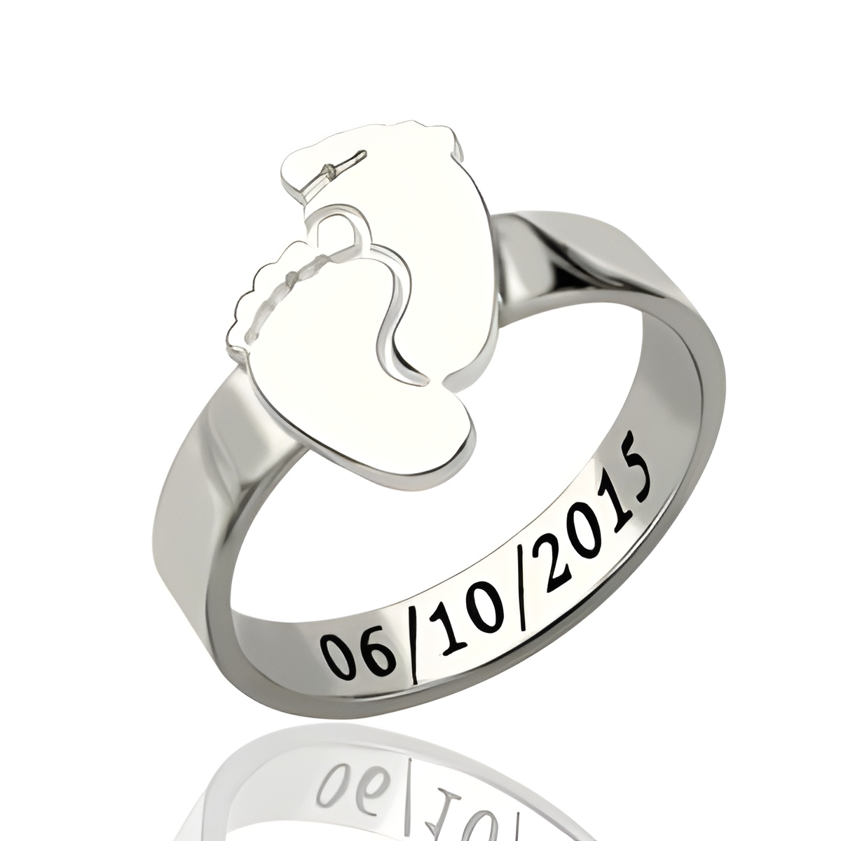Engraved baby feet sterling silver ring for mothers