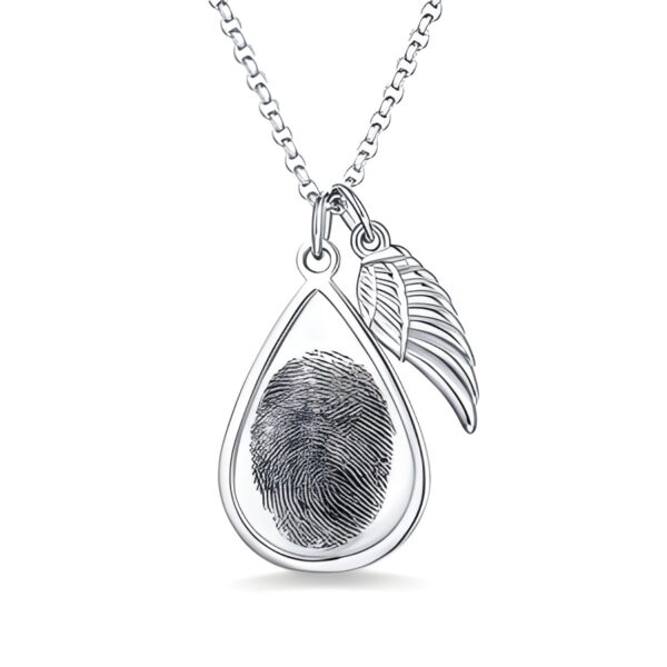 Teardrop fingerprint necklace with angel wing charm