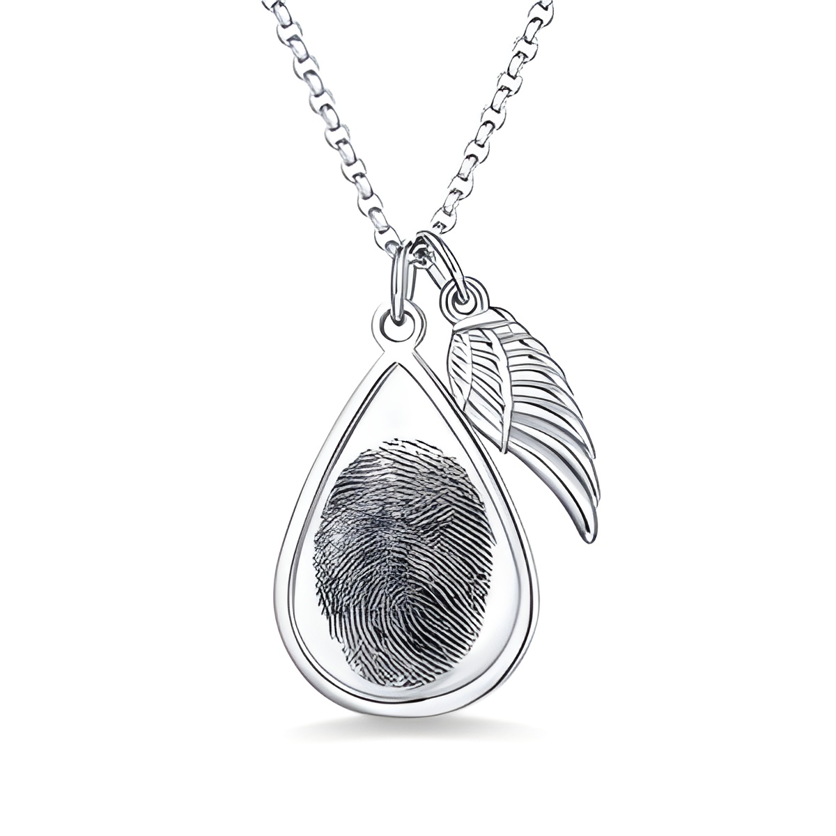 Teardrop fingerprint necklace with angel wing charm