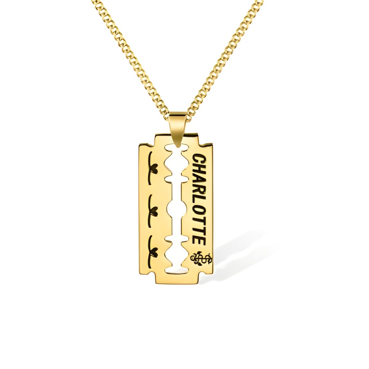 Engraved razor blade necklace for him, symbol of strength