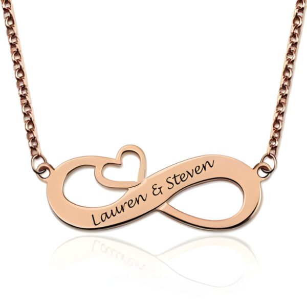 Engraved infinity heart necklace in rose gold