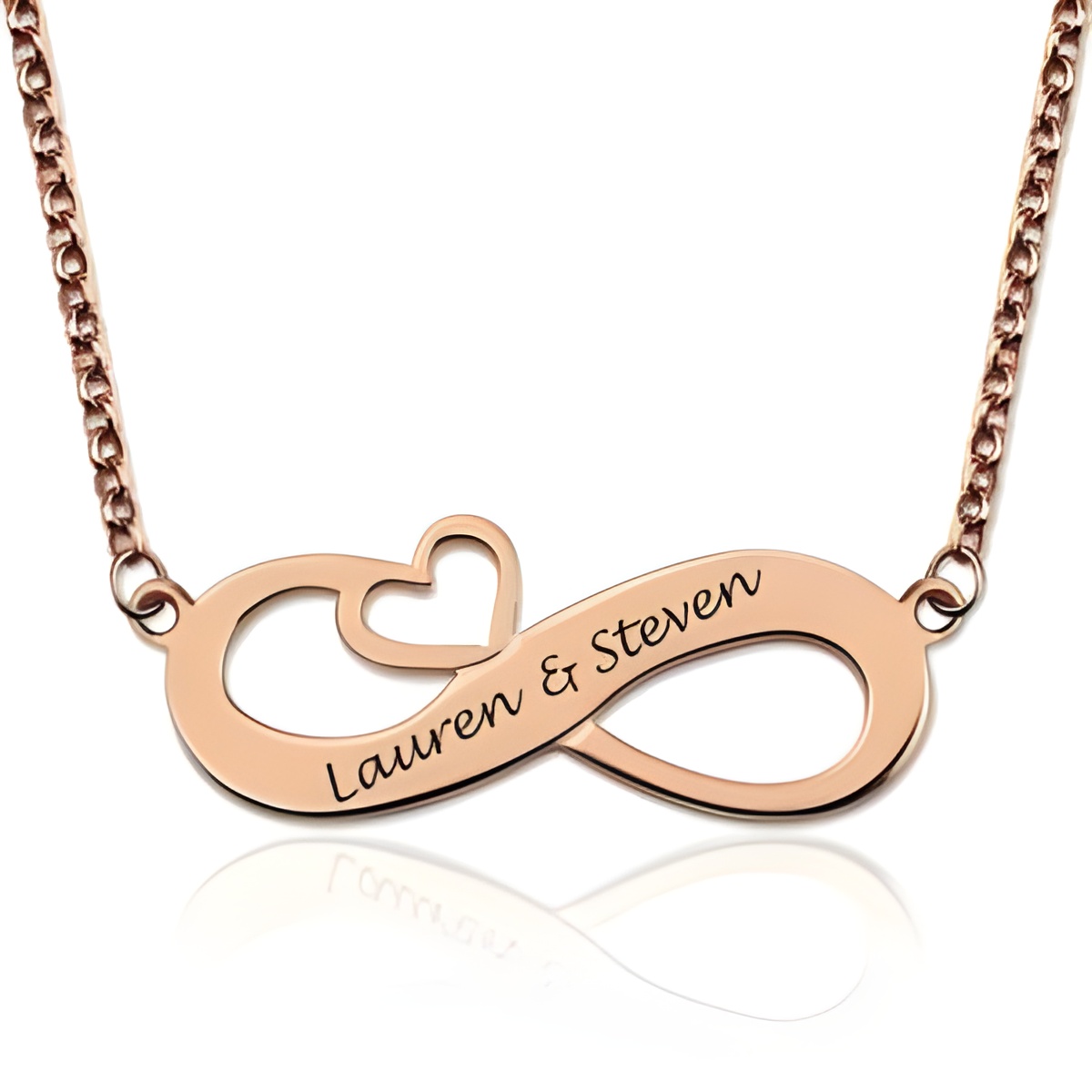 Engraved infinity heart necklace in rose gold