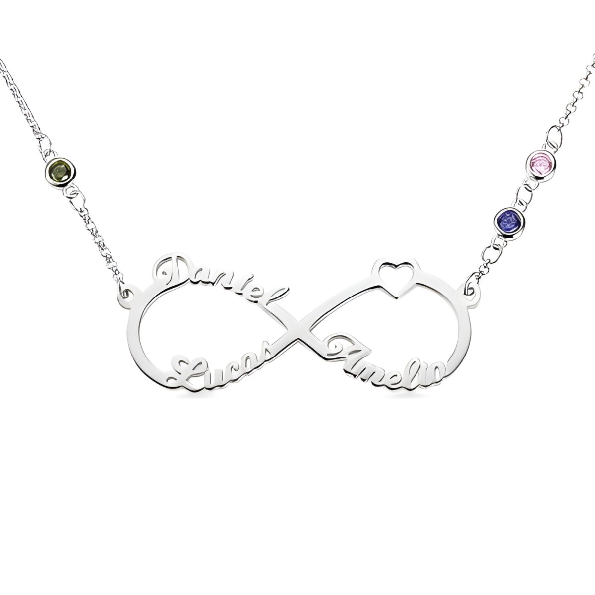 Infinity necklace with names and birthstones for cherished connections